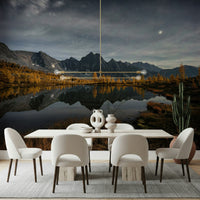 Reflection landscape mural in reading nook, deep blue color palette, modern wall decor style