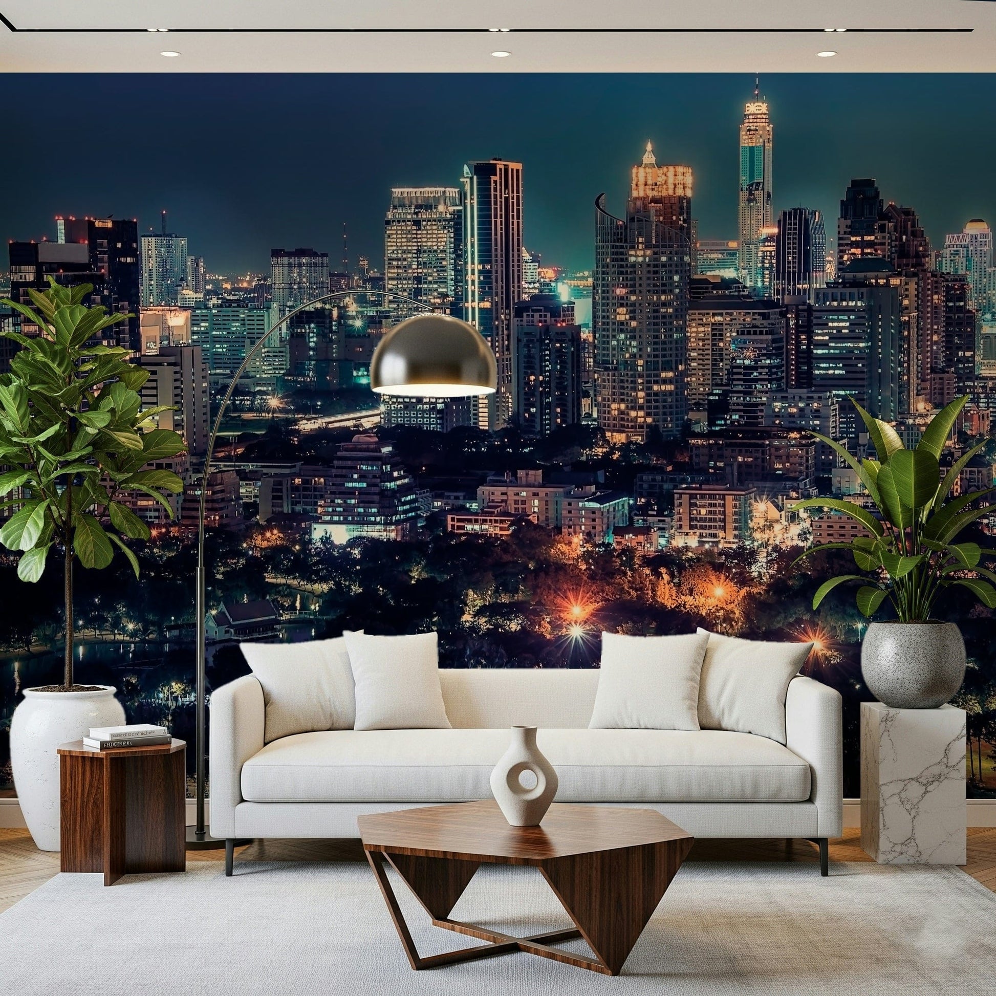Bedroom feature wall with Nightfall Metropolis mural, moody skyline backdrop