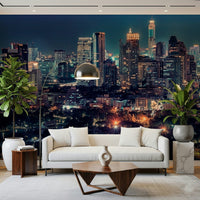 Bedroom feature wall with Nightfall Metropolis mural, moody skyline backdrop