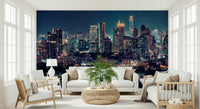 Dining room wall mural with dark metropolis skyline, balanced colour and depth