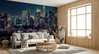 TV wall with Nightfall Metropolis Wall Mural, skyline panorama and deep colour