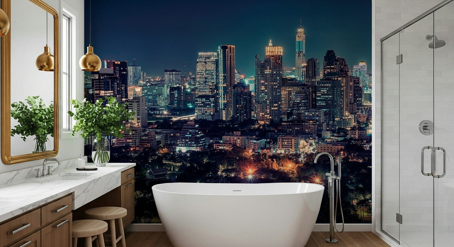 Lounge room feature wall with night metropolis mural, modern home styling finish