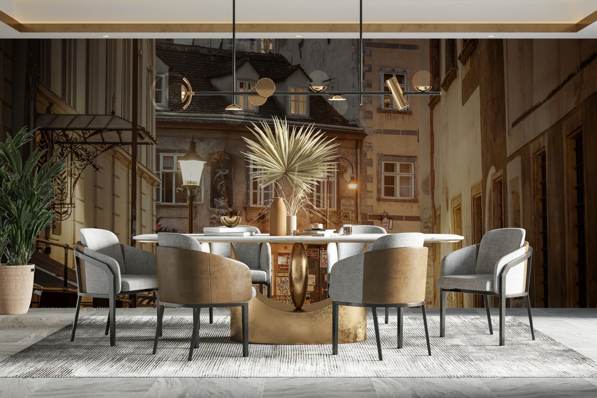 Historic buildings lining the street
