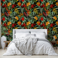 Dark floral wallpaper with vibrant night-blooming flowers and intricate details.

