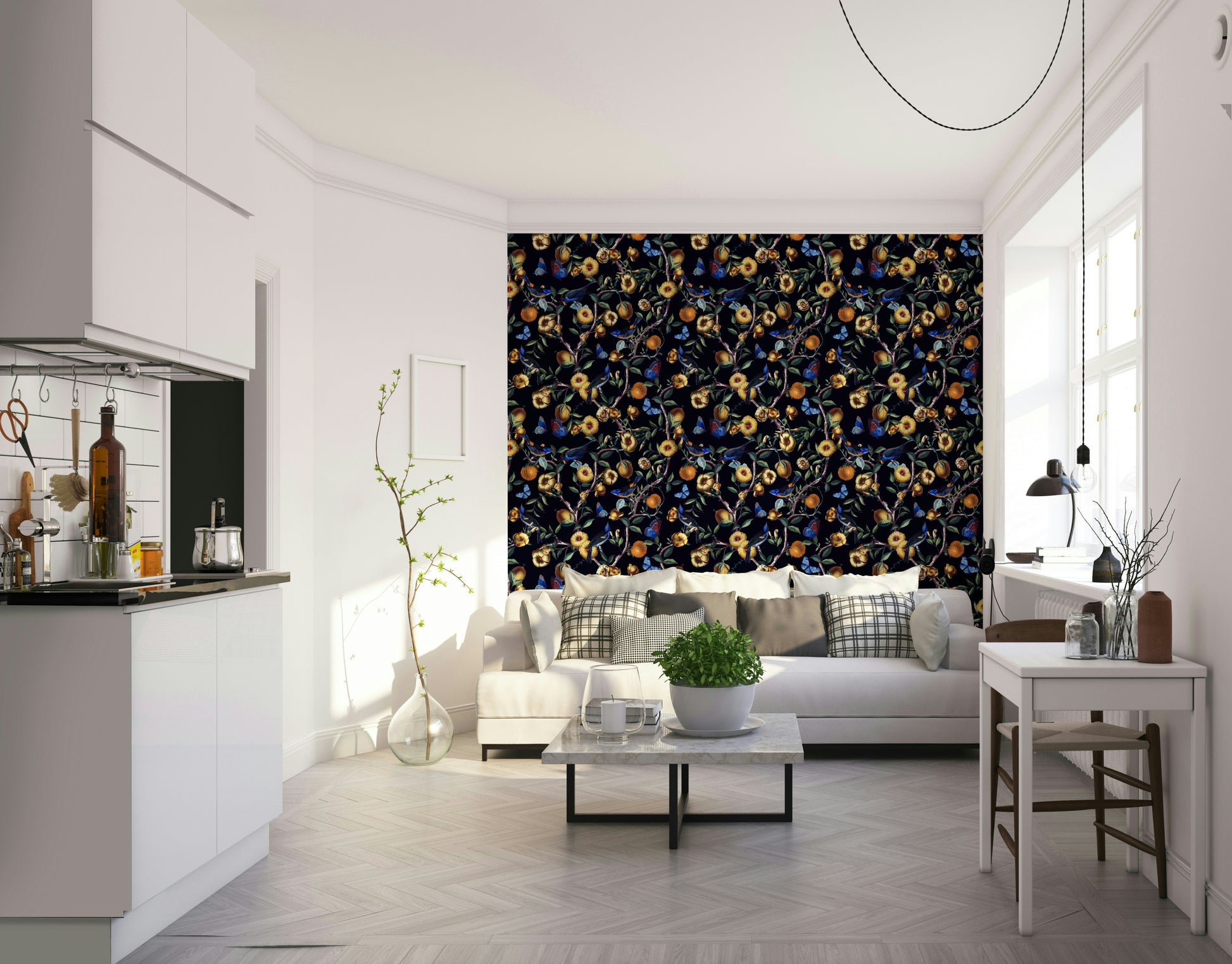 Dark floral wallpaper perfect for bedrooms or accent walls.


