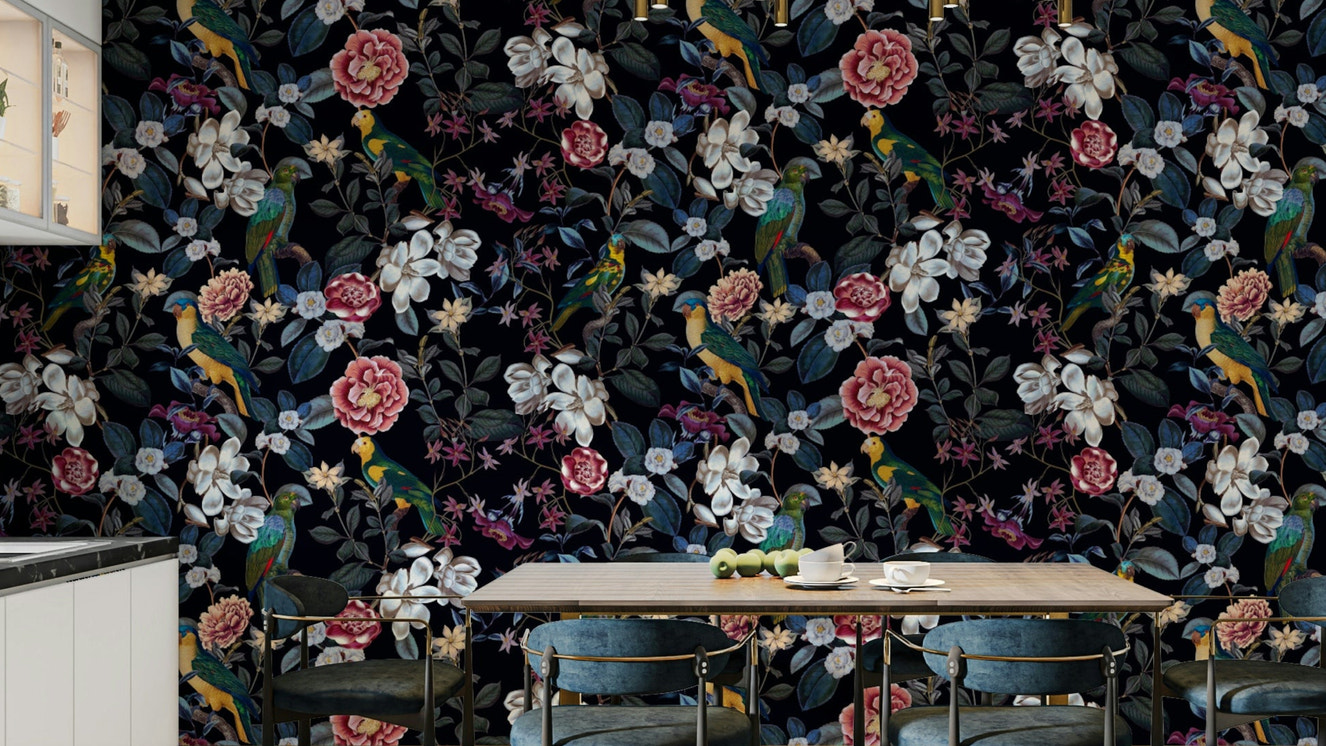Nocturnal Paradise Wallpaper with dark foliage and vibrant blooms.

