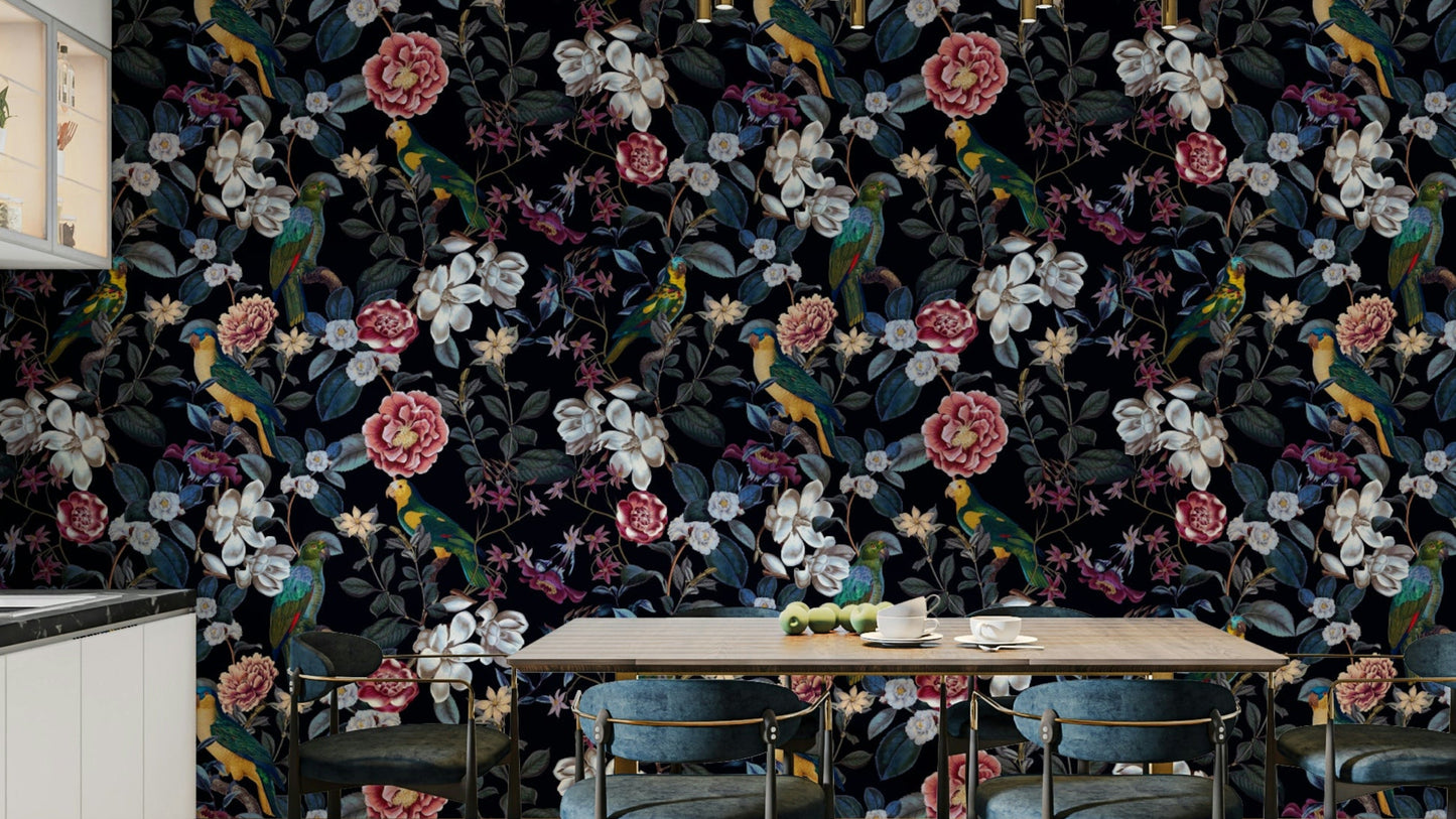 Nocturnal Paradise Wallpaper with dark foliage and vibrant blooms.

