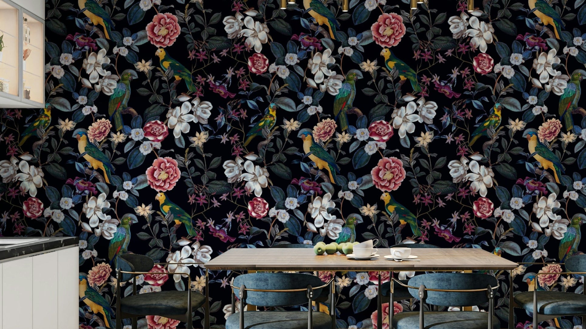 Nocturnal Paradise Wallpaper with dark foliage and vibrant blooms.

