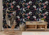 Nocturnal Paradise wall mural with dark plants and vibrant tropical blooms.

