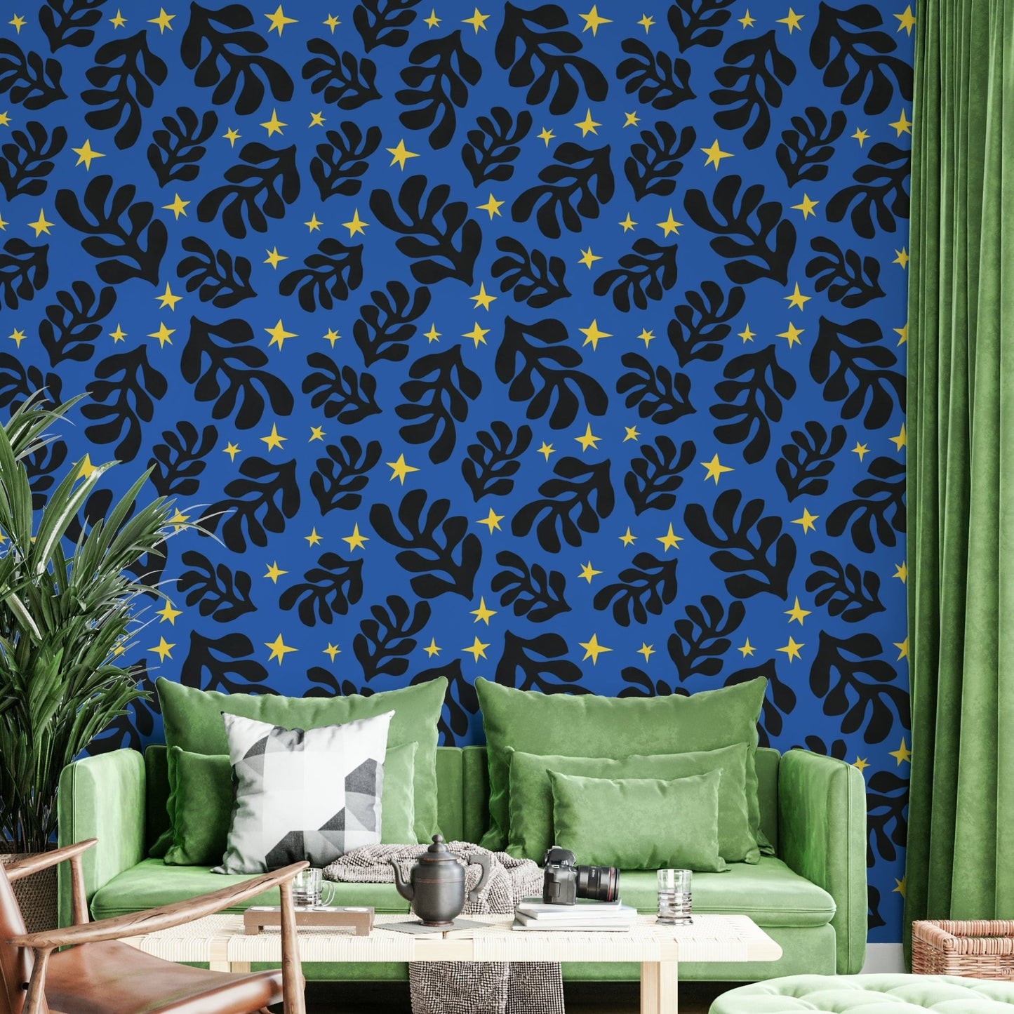 The wall mural is installed on a living room feature wall.

