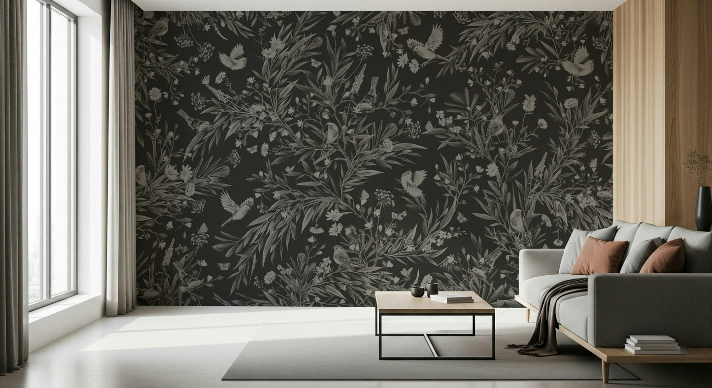 Charming mural showing birds singing at night amid lush flowering branches