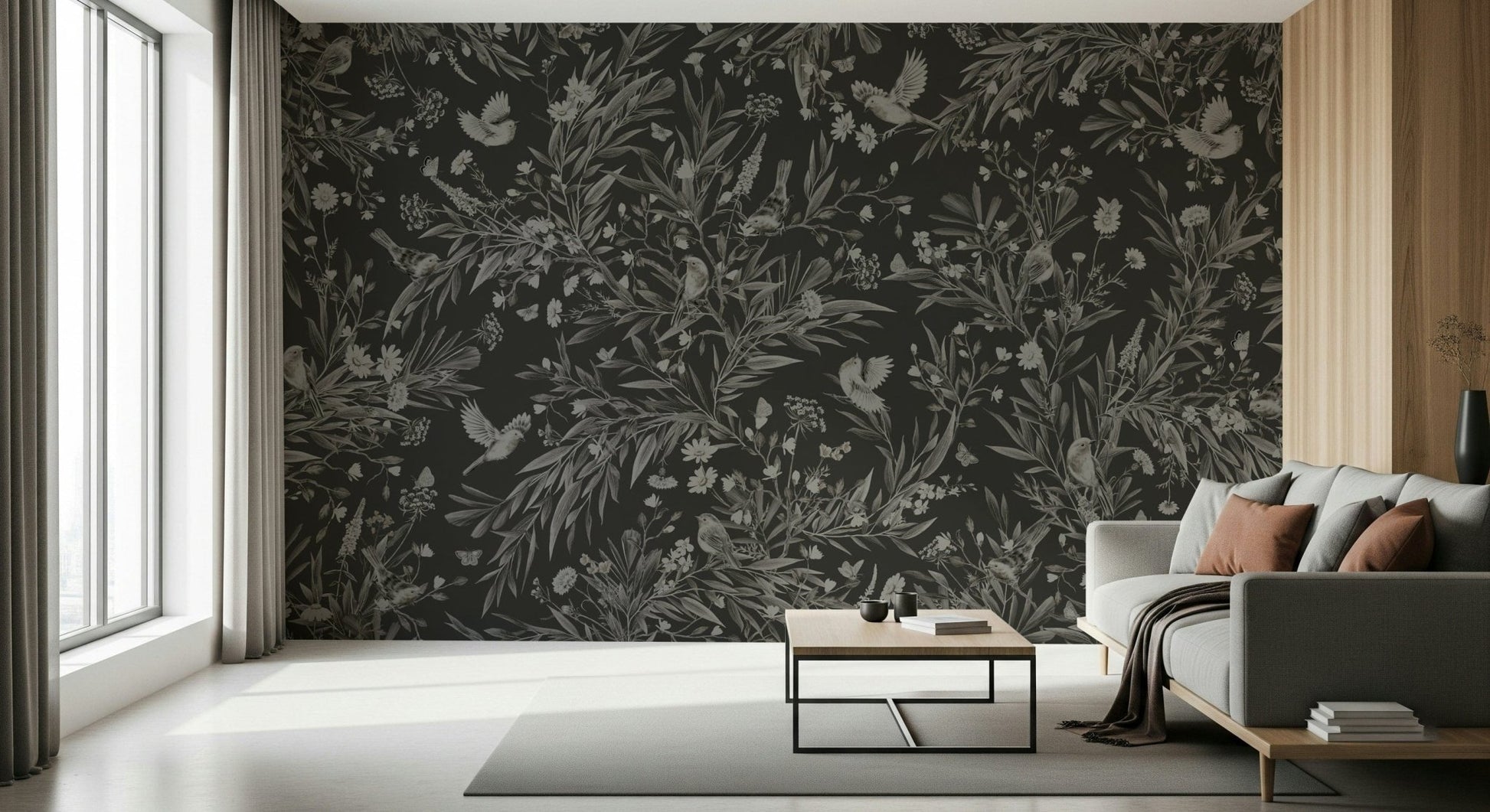Charming mural showing birds singing at night amid lush flowering branches