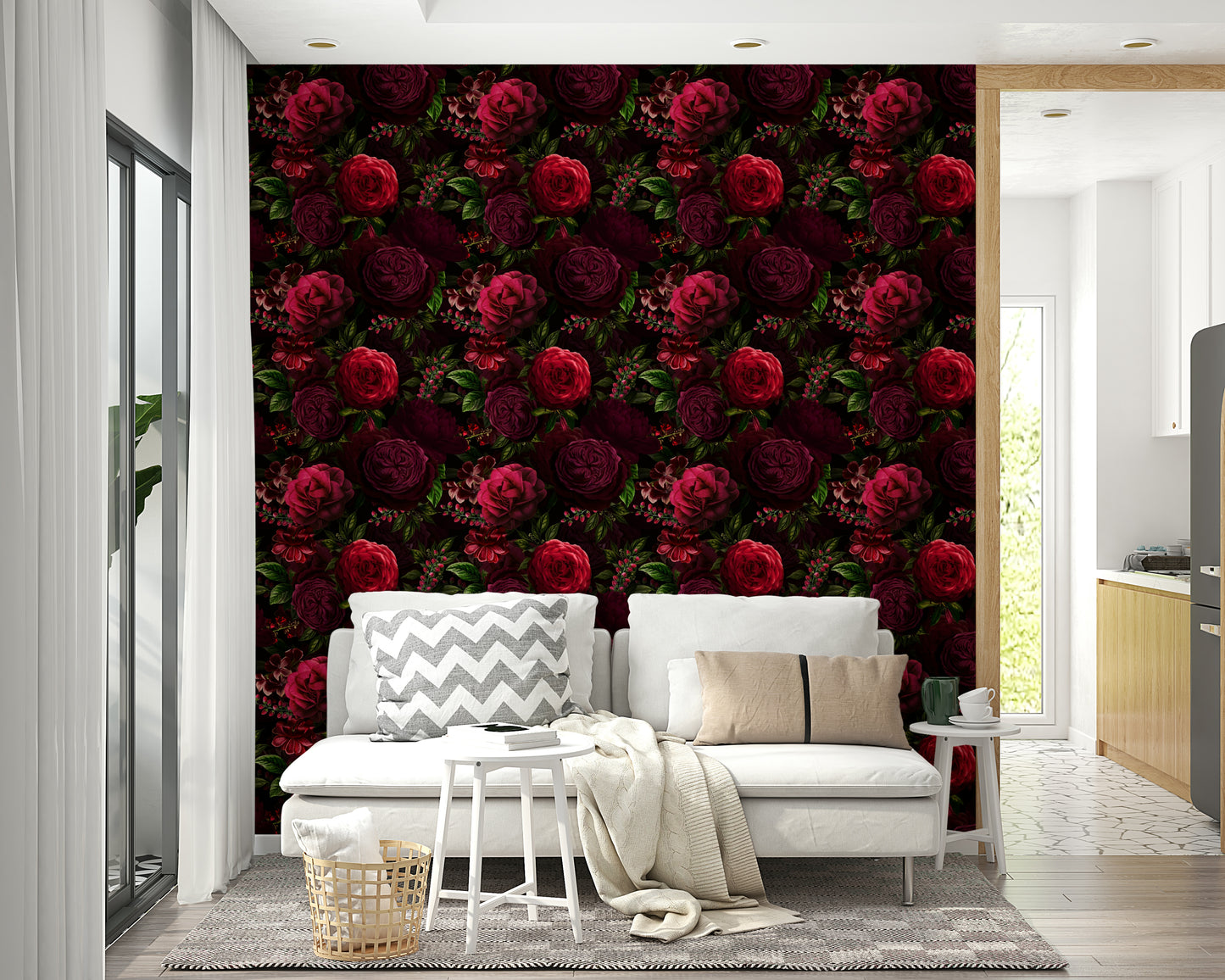 Botanical mural with moody flower patterns

