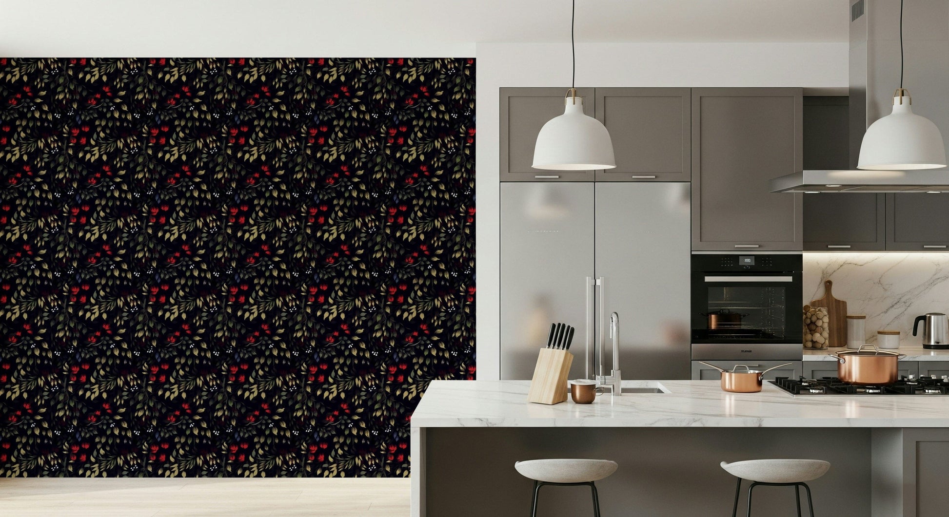 Whimsical dark floral wallpaper evoking a hidden secret garden