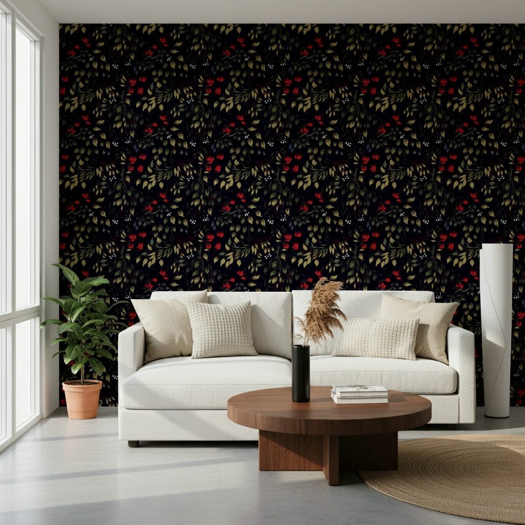 Sophisticated wall covering with noir-inspired secret garden design