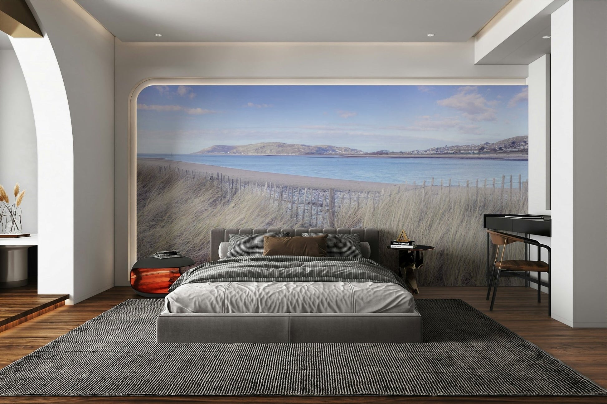 The wallpaper is perfect for a peaceful space.

