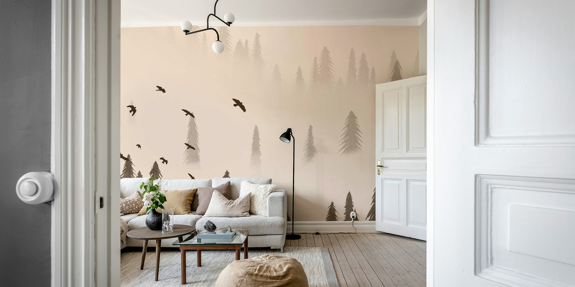 Northern Forest Sepia Wallpaper – Cozy Living Room Feature