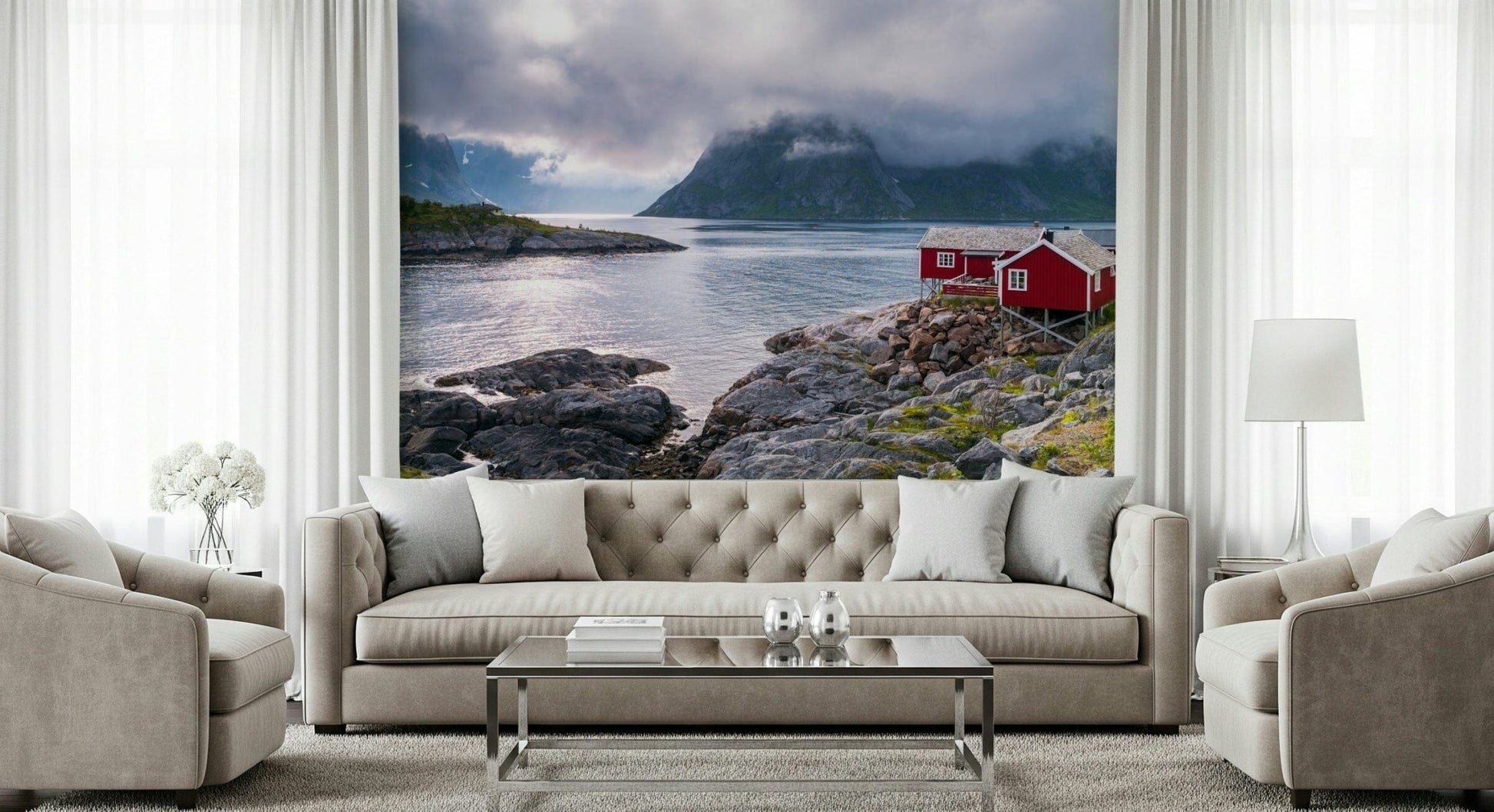 Nature mural showing red coastal cottages set against a serene fjord and misty grey mountains.
