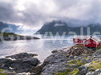 Tranquil Scandinavian mural showing a red house overlooking a peaceful fjord under a cloudy sky.