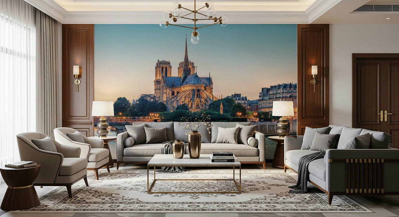 Notre Dame Serenity wall mural showing Paris skyline with mountain wallpaper depth