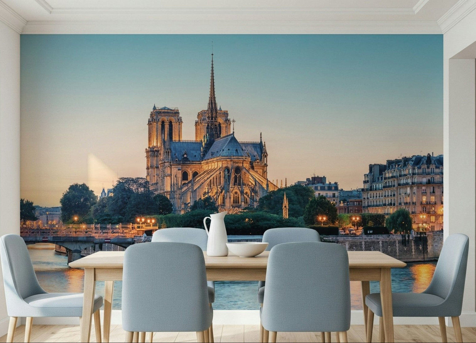 Notre Dame evening mural artwork paired with soft mountain wallpaper background