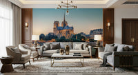 Notre Dame Serenity wall mural showing Paris skyline with mountain wallpaper depth