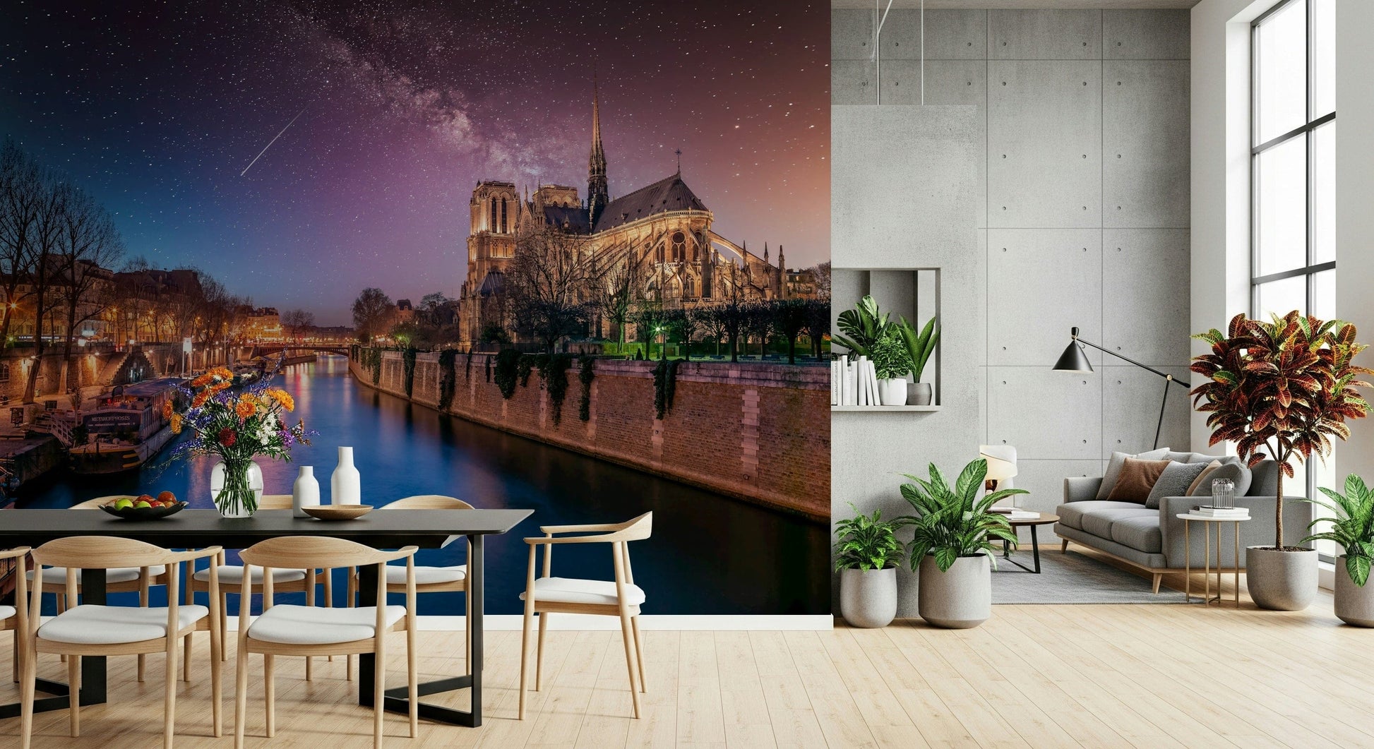 Purple cosmic atmosphere within Notre-Dame Starry Night wall mural art.