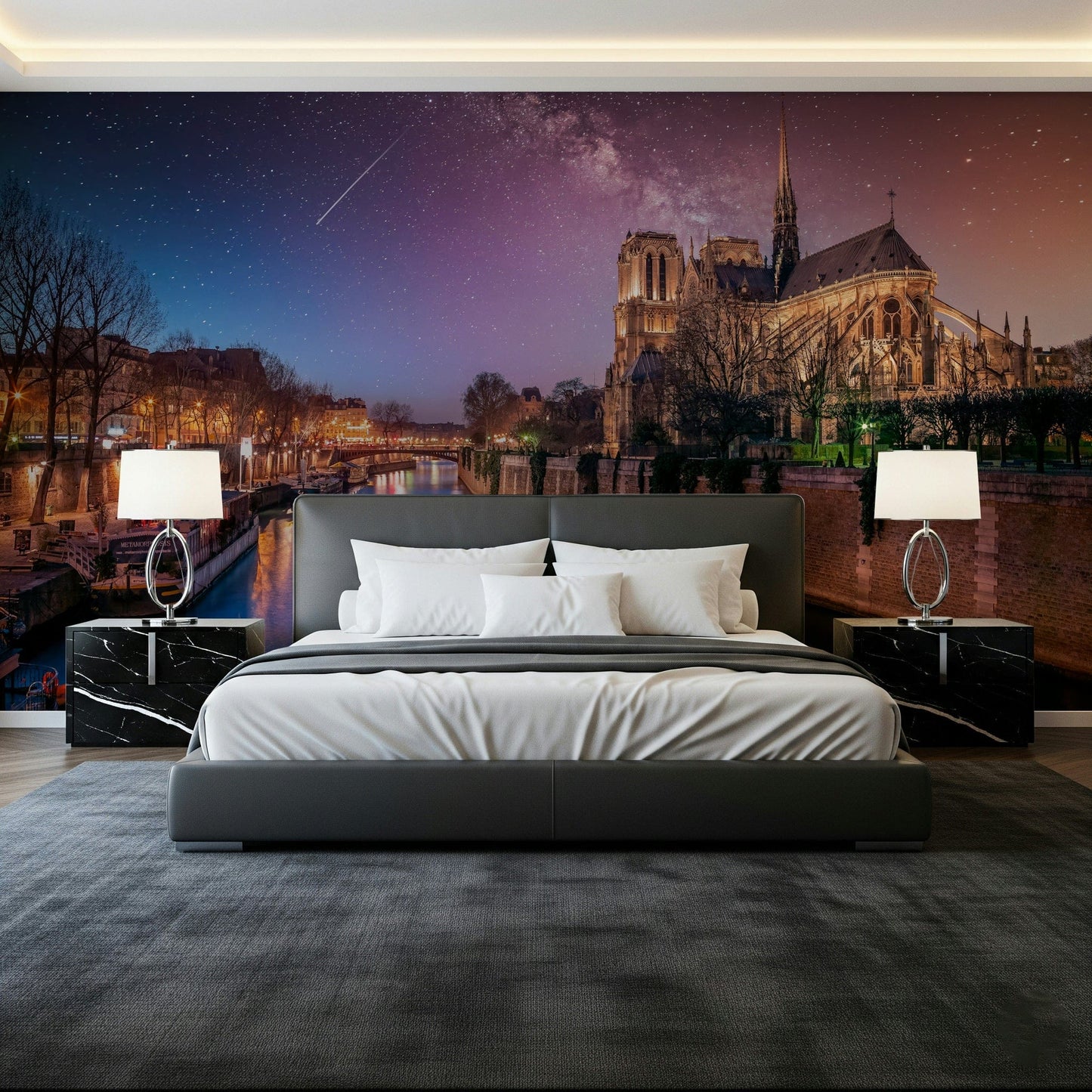 Romantic evening cityscape showing Notre-Dame Starry Night wallpaper for living room.