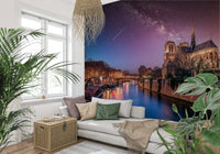Illuminated gothic architecture on Notre-Dame Starry Night wall mural aesthetic.