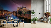 Purple cosmic atmosphere within Notre-Dame Starry Night wall mural art.