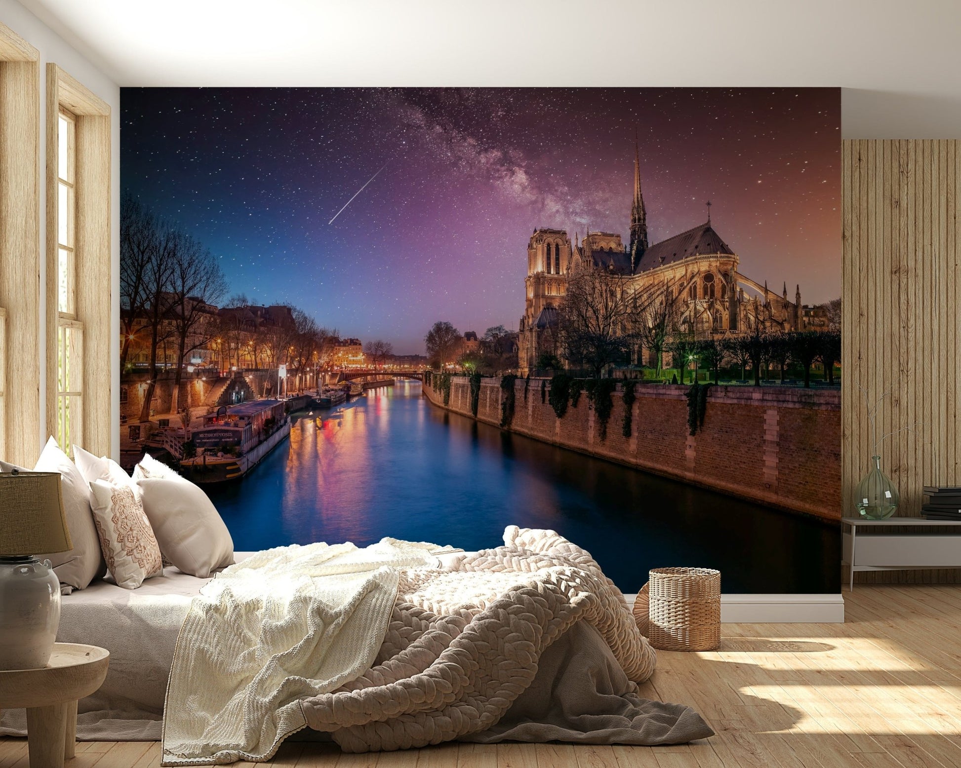 Paris cathedral view on Notre-Dame Starry Night wallpaper for bedroom walls.