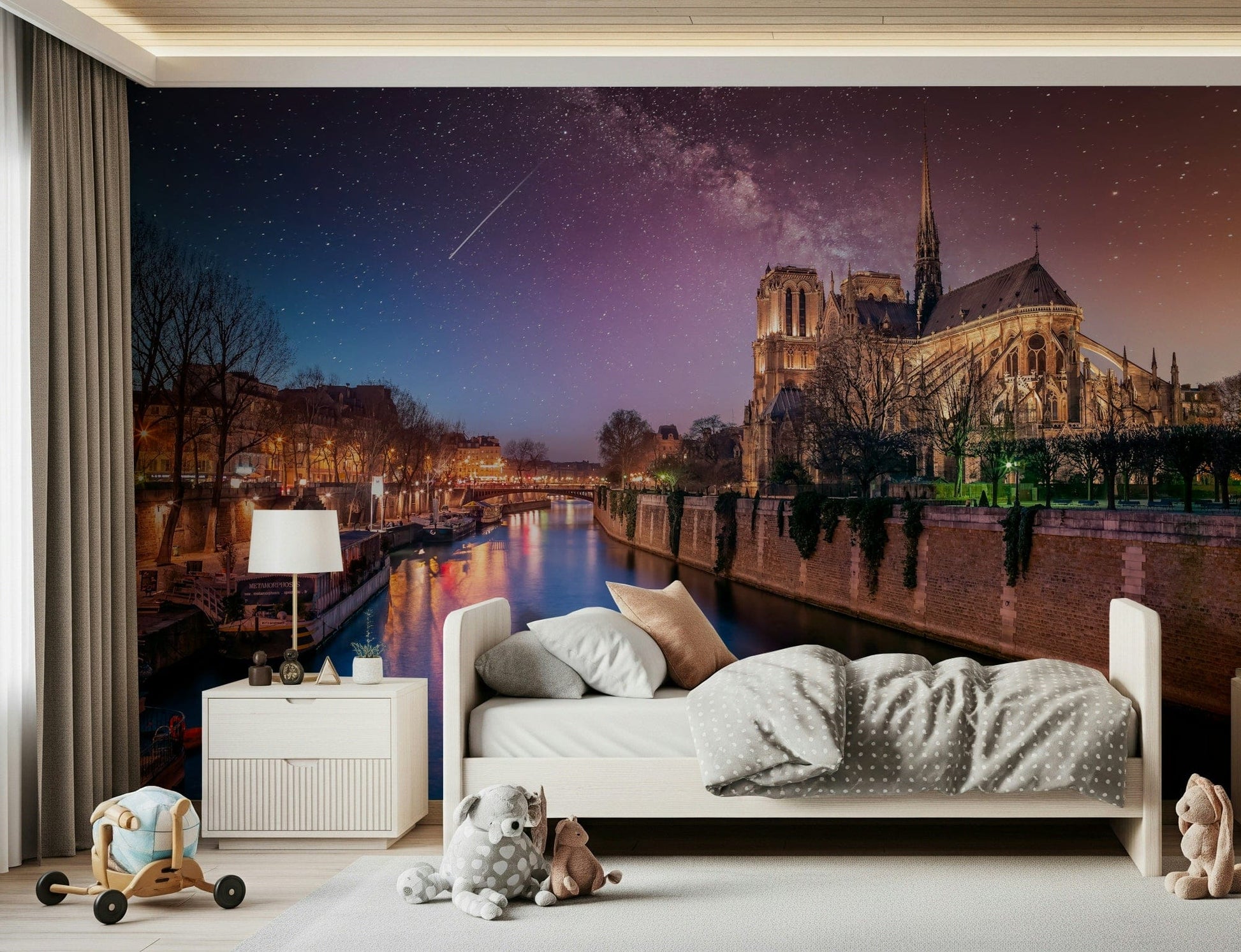 River Seine reflection details in Notre-Dame Starry Night wallpaper print.