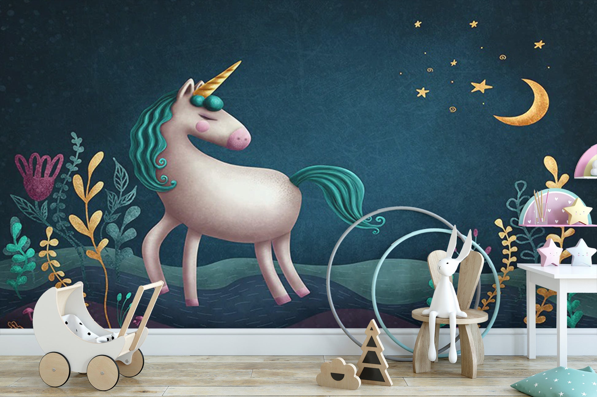 Blue & Green Night Unicorn Kids Nursery Wallpaper Mural - Giffywalls