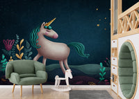 Blue & Green Night Unicorn Kids Nursery Wallpaper Mural - Giffywalls