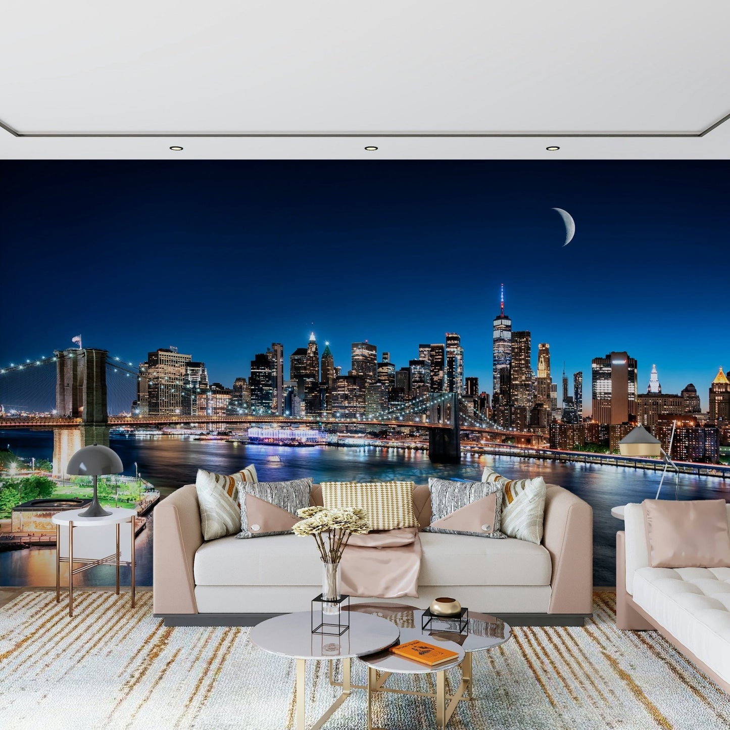 Captivating NYC by Night mural with golden bridge glow.