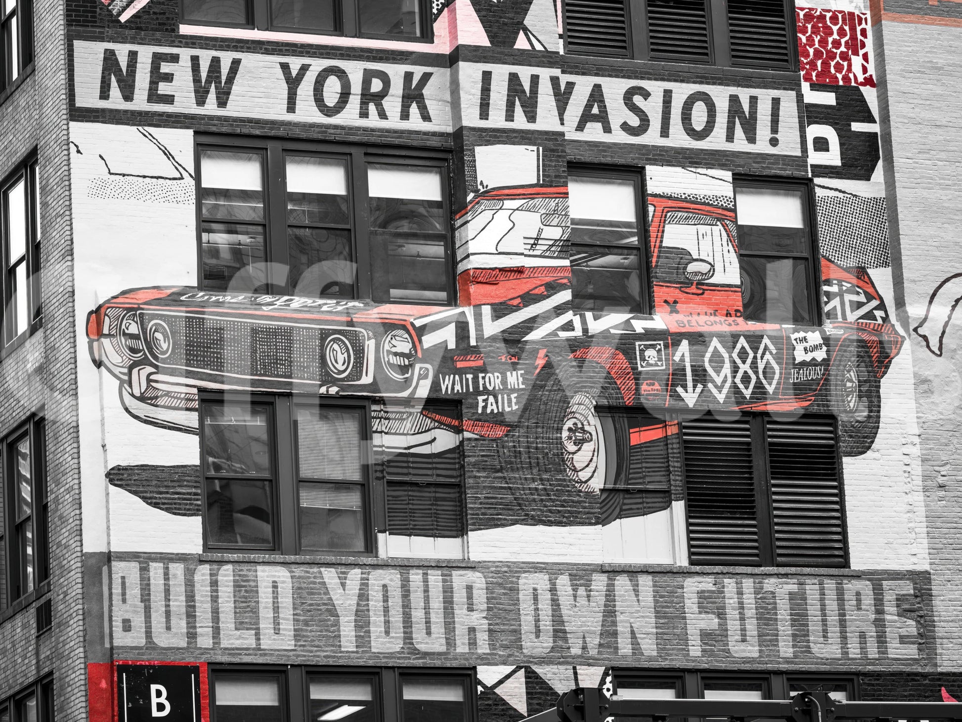 Oversized vehicle artwork NYC Car Mural striking urban wall poster.