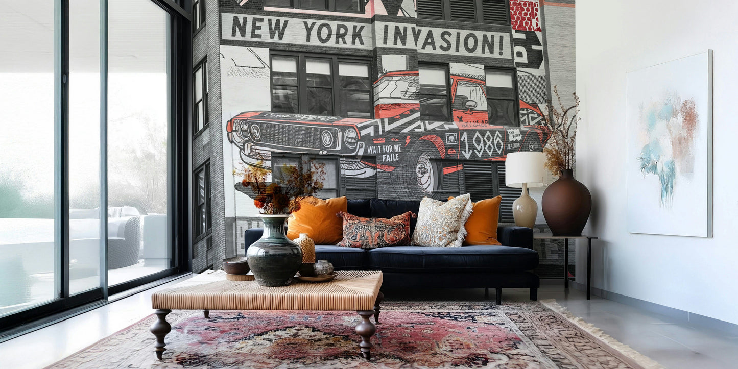 Building sized NYC Car Mural classic hot rod artistic wall panel.