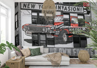 Distinctive graphic print NYC Car Mural vinyl wall decal covering.