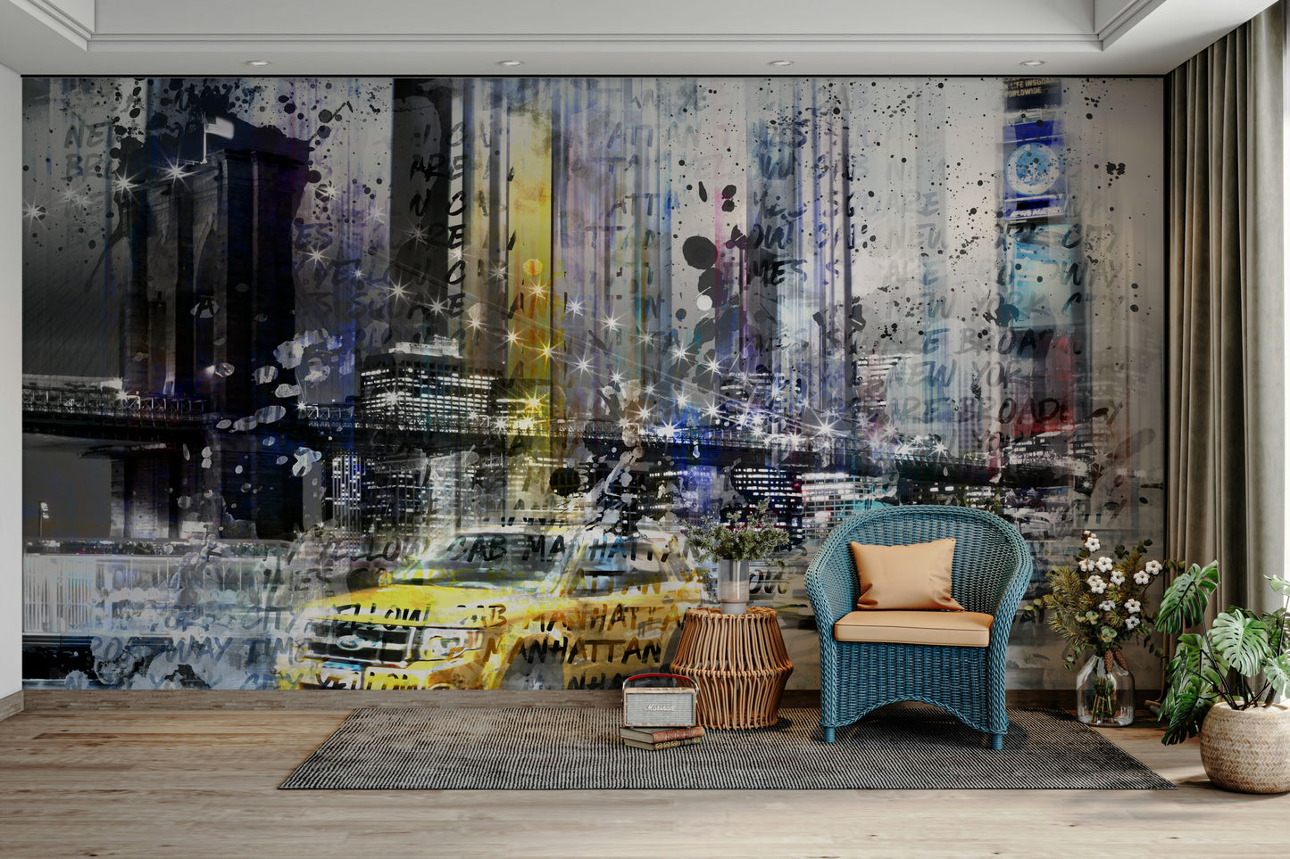 Artistic NYC wall mural with mixed media style

