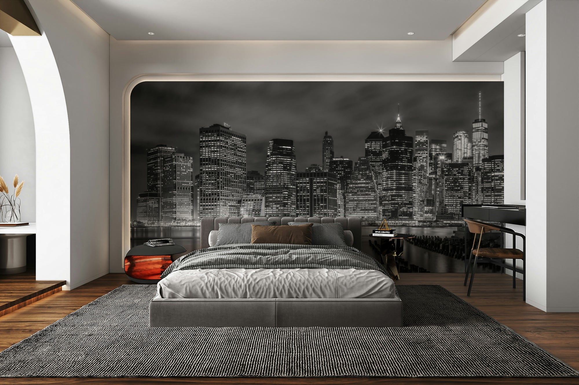 NEW YORK CITY Monochrome Night Impressions wallpaper mural of a black-and-white skyline behind a gray bed in a bedroom