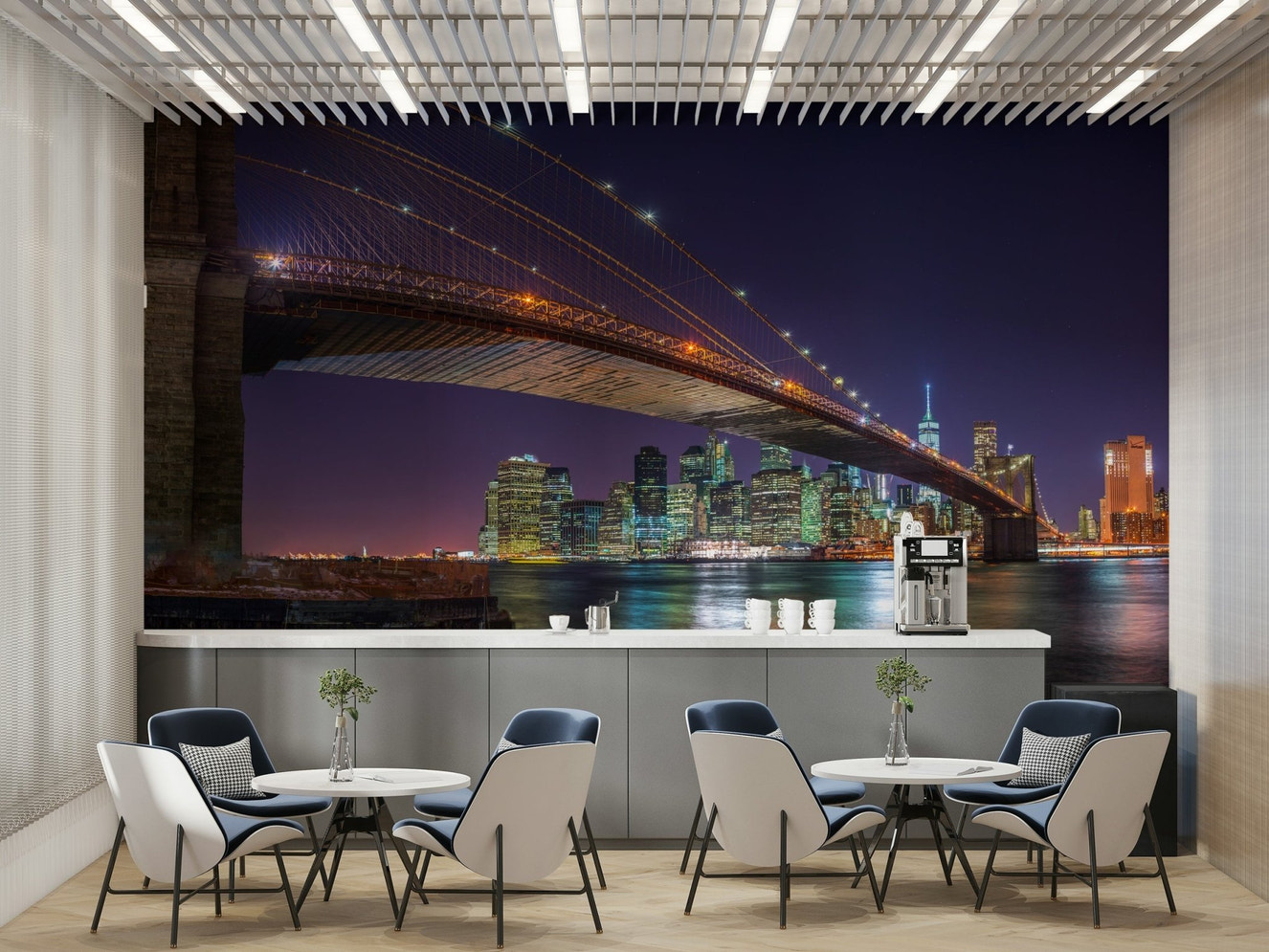 Panoramic view of New York City skyline at night.

