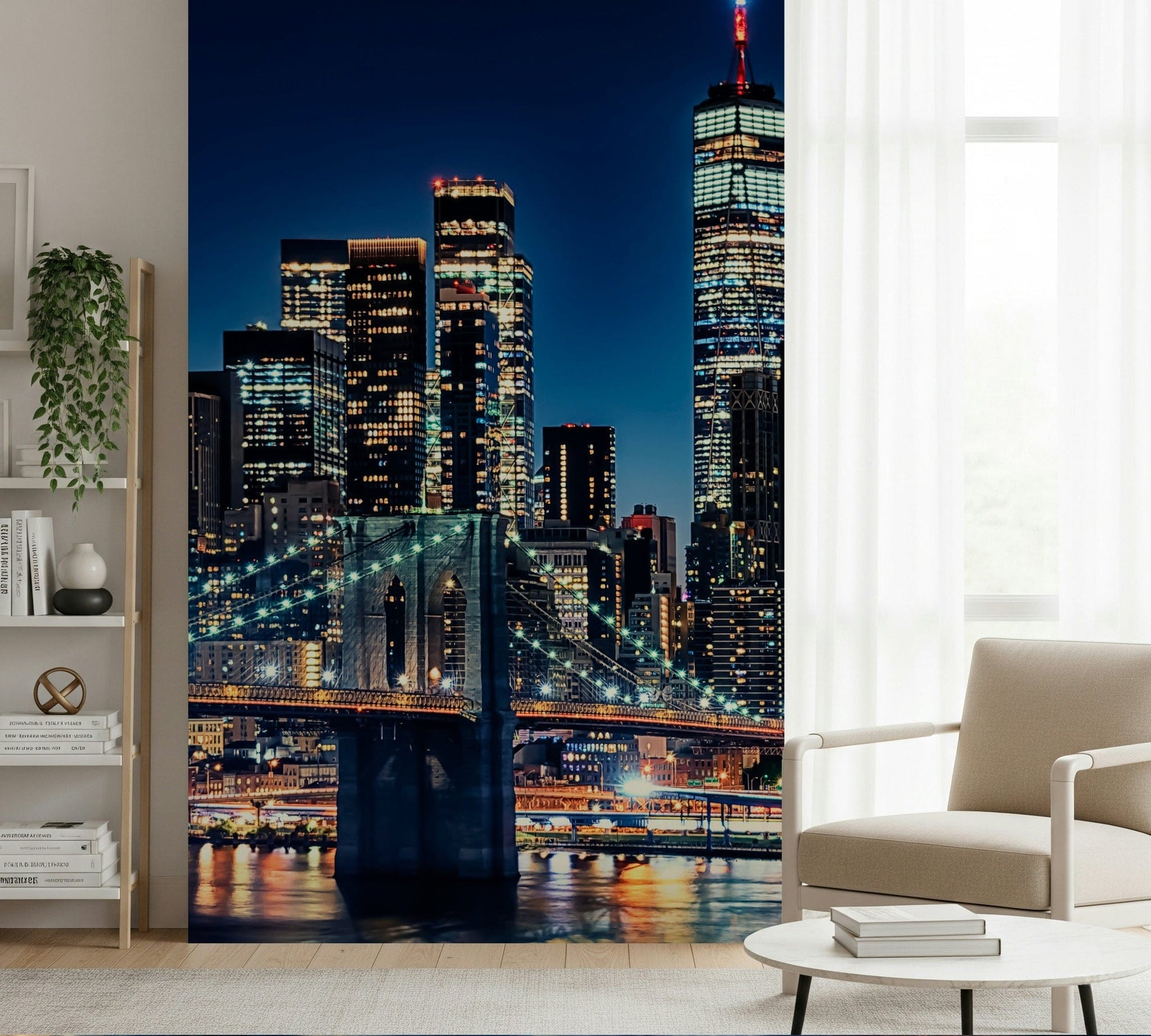 Shimmering harbor waters NYC Night Lights wallpaper for walls.
