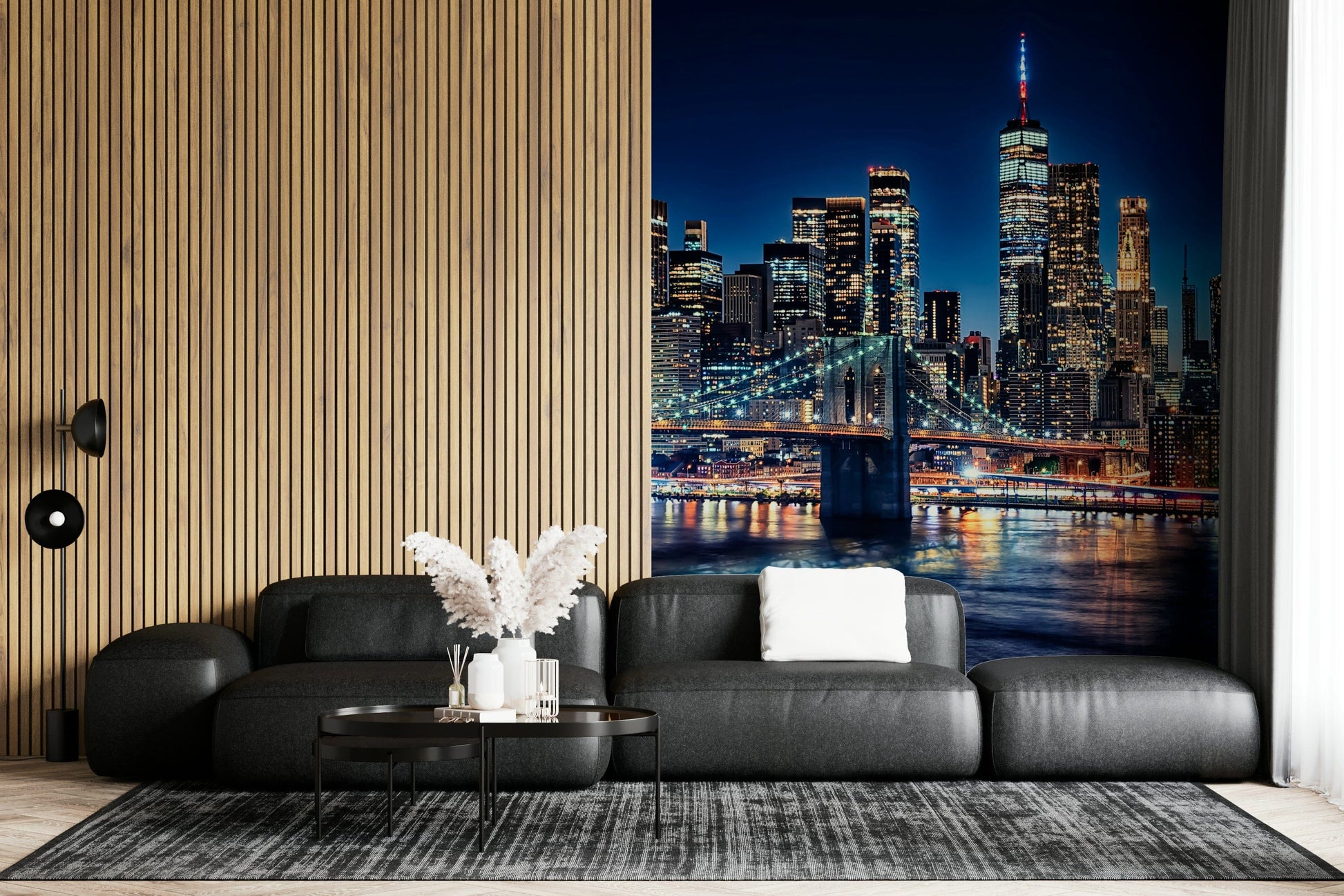 Vibrant bridge lights NYC Night Lights wallpaper mural panorama.