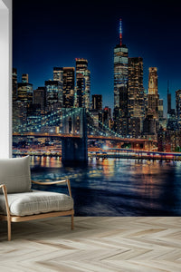 Glowing Manhattan skyscrapers NYC Night Lights wallpaper for walls.