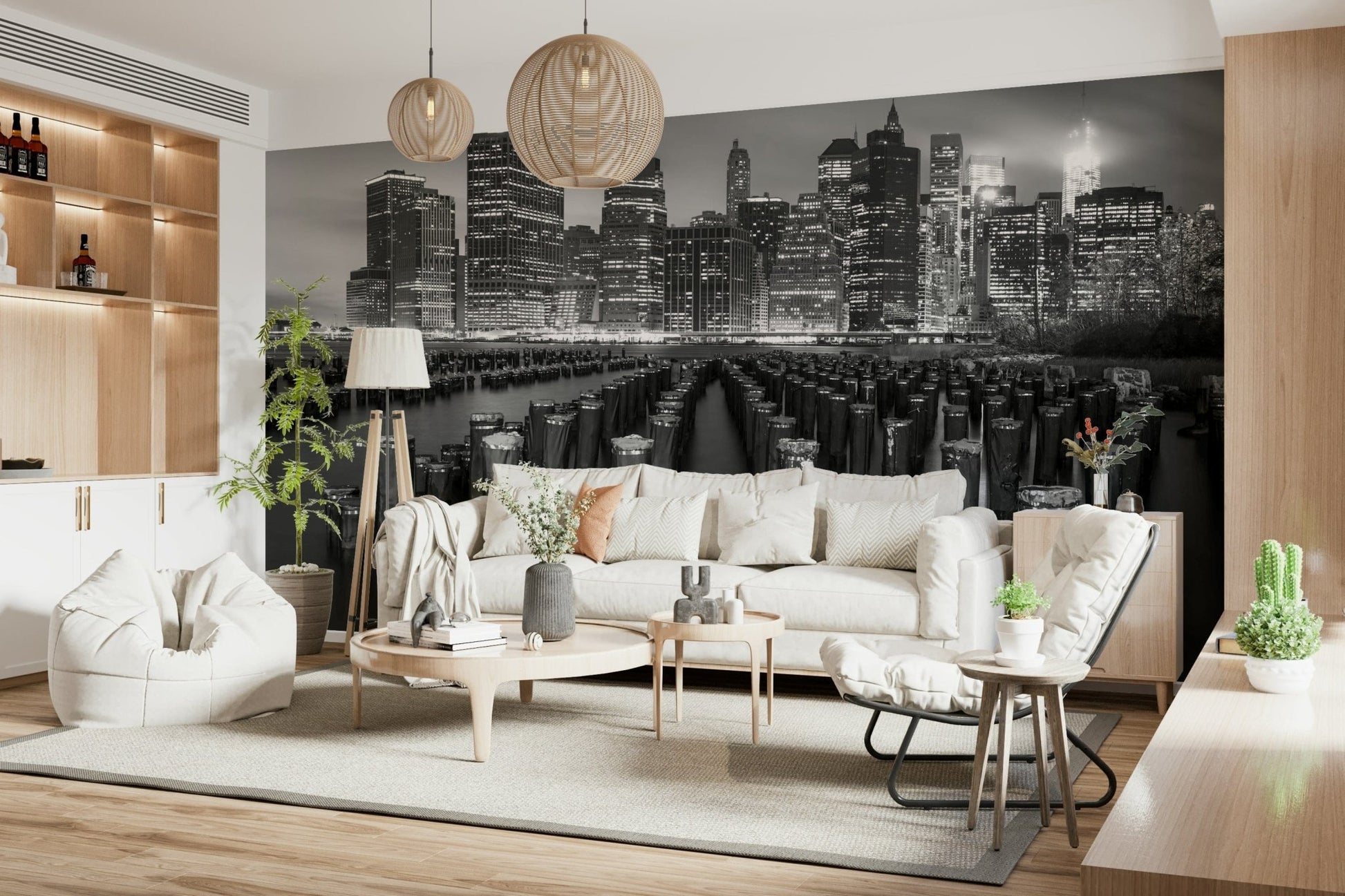 Moody downtown Manhattan view silhouette, glistening water reflection wallpaper.