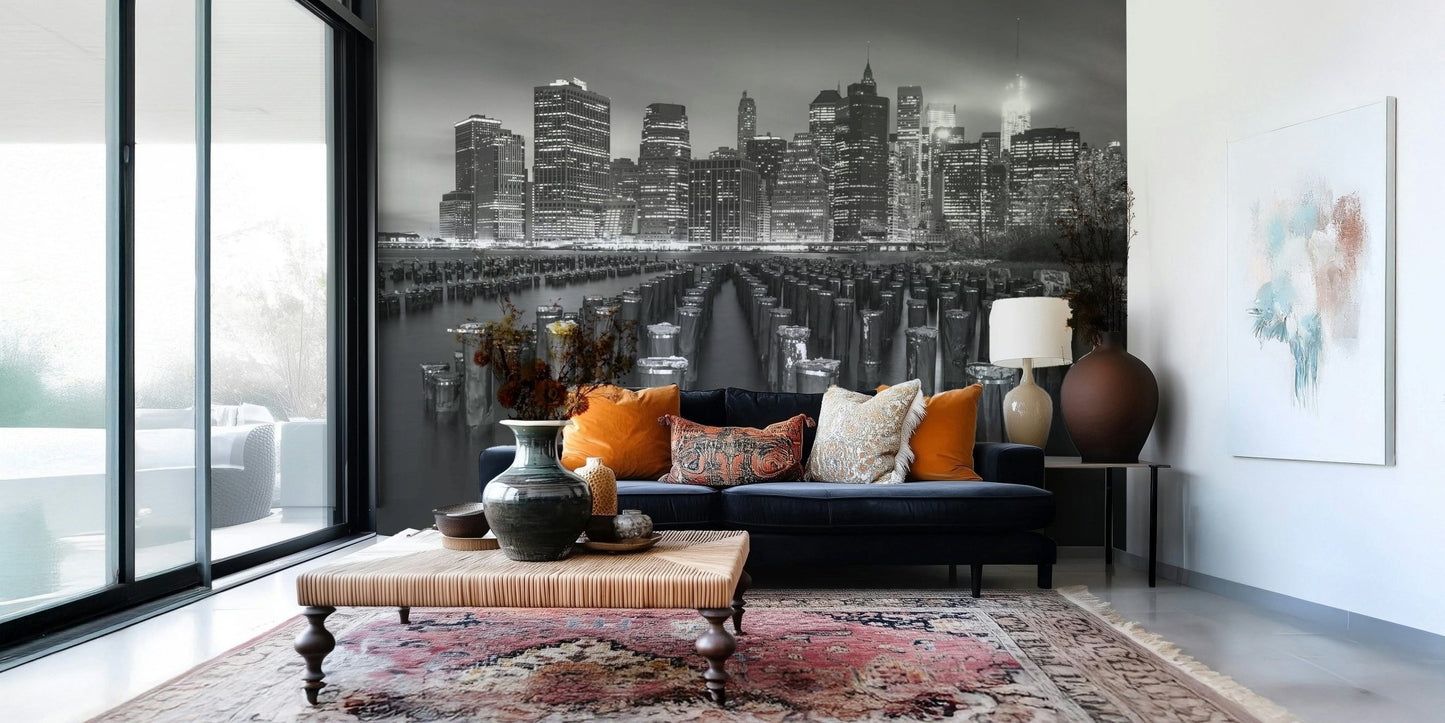 Dramatic black-and-white NYC skyline waterfront, captivating night exposure.