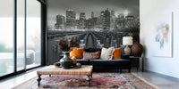 Dramatic black-and-white NYC skyline waterfront, captivating night exposure.