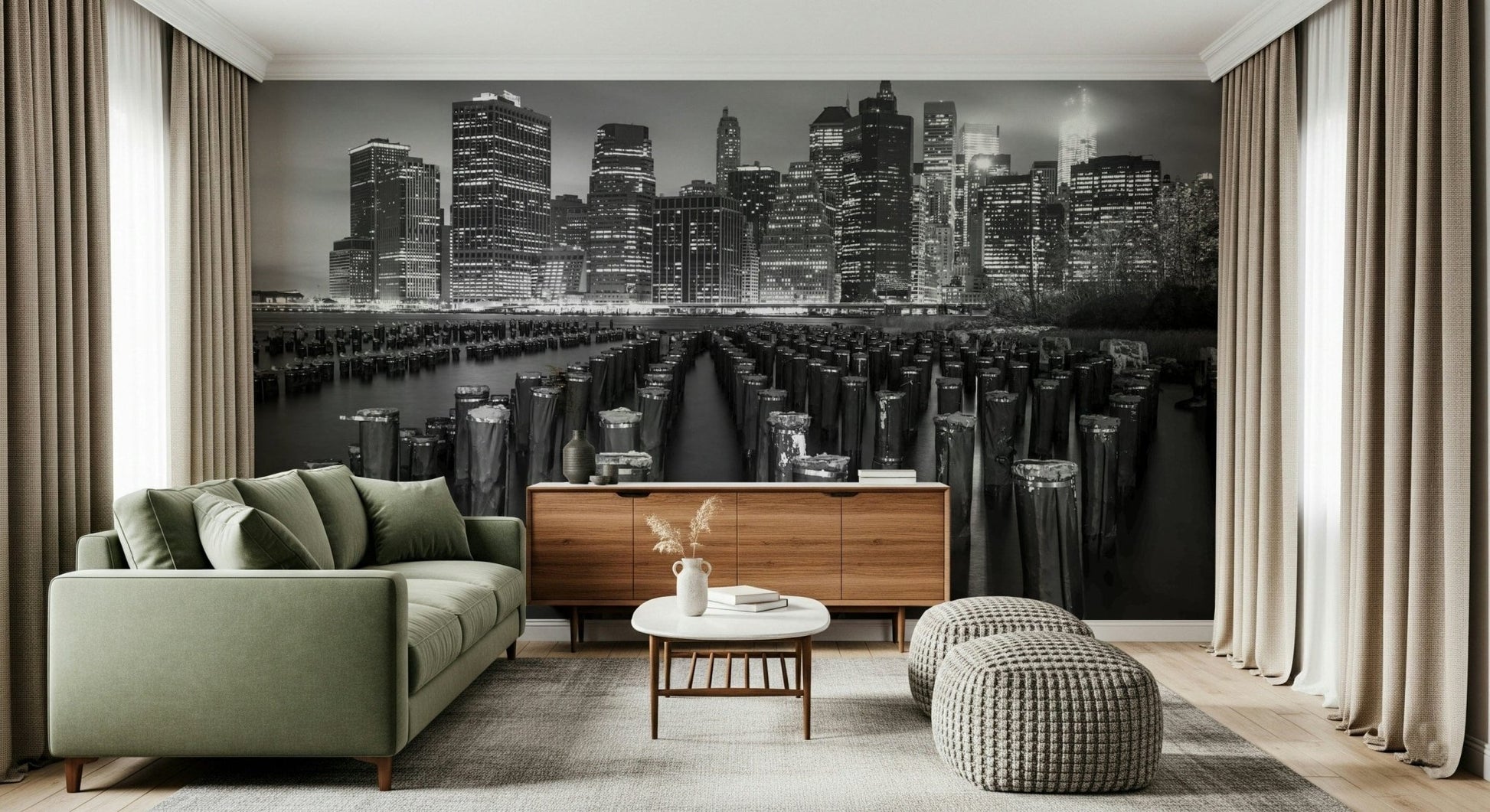 Architectural pier pylons wall mural, stark monochromatic waterfront scene.