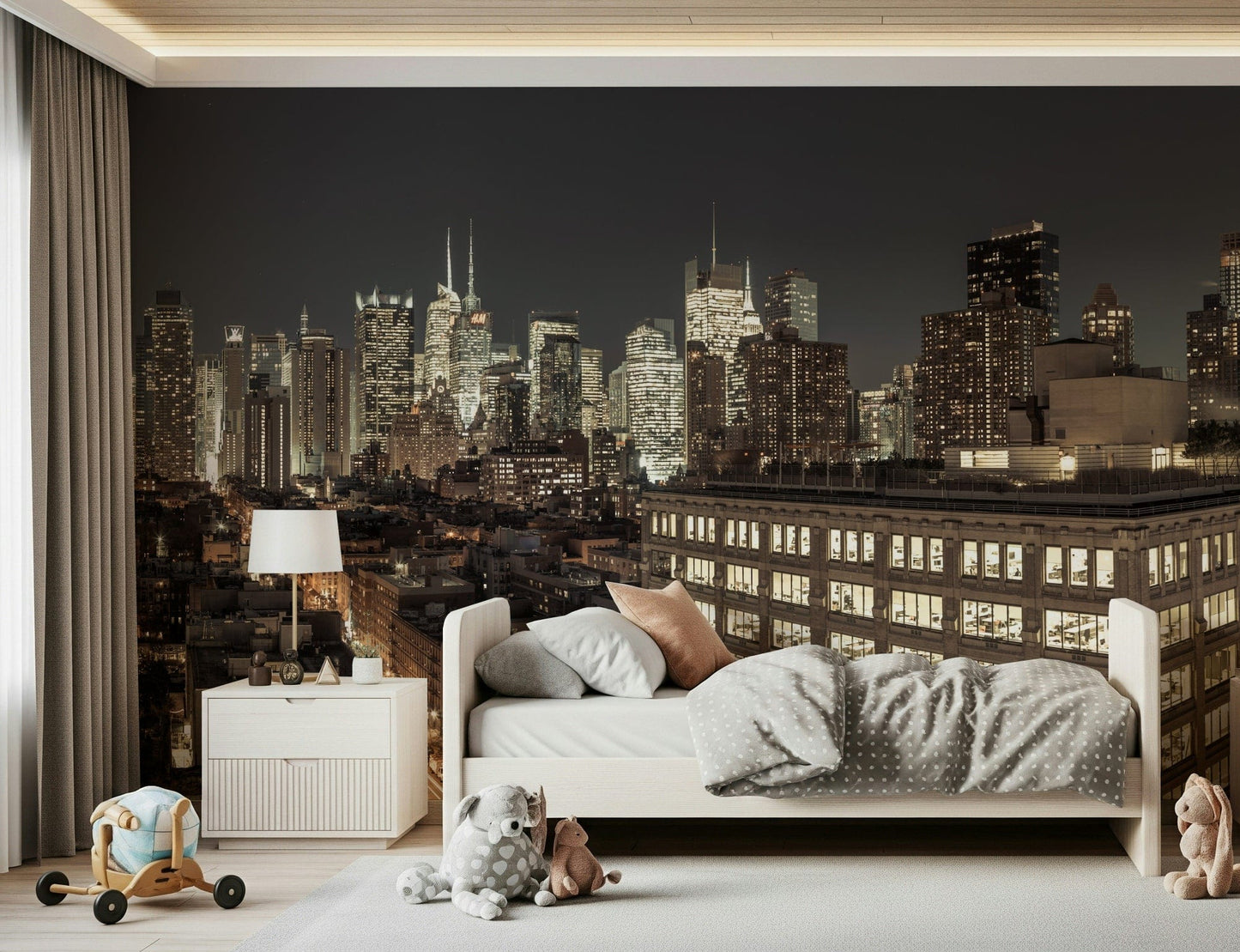 Captivating City Lights mural urban apartment decor night scene.