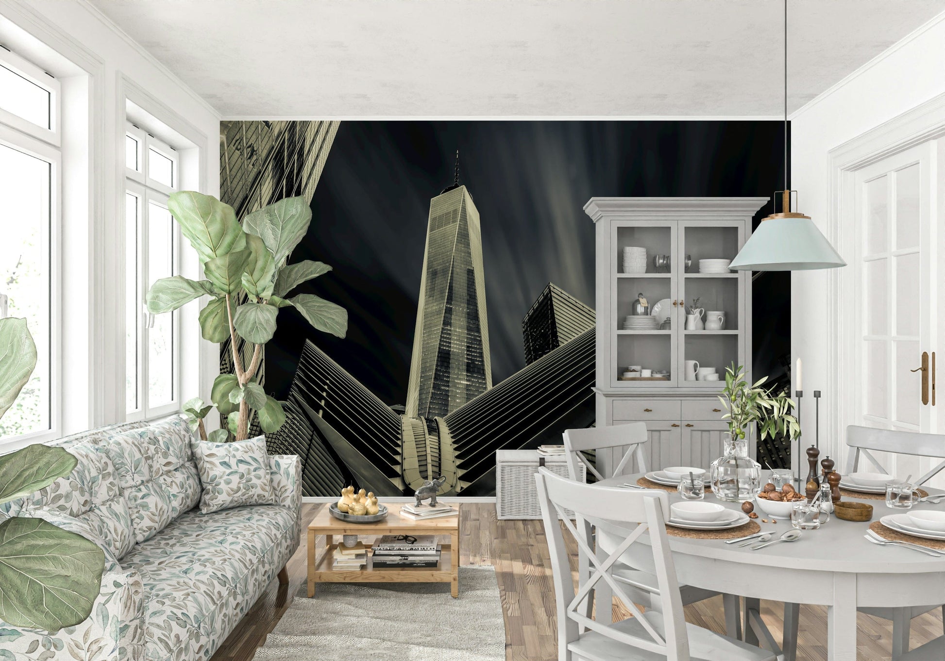 Wall mural depicting the energy and drama of New York City architecture.